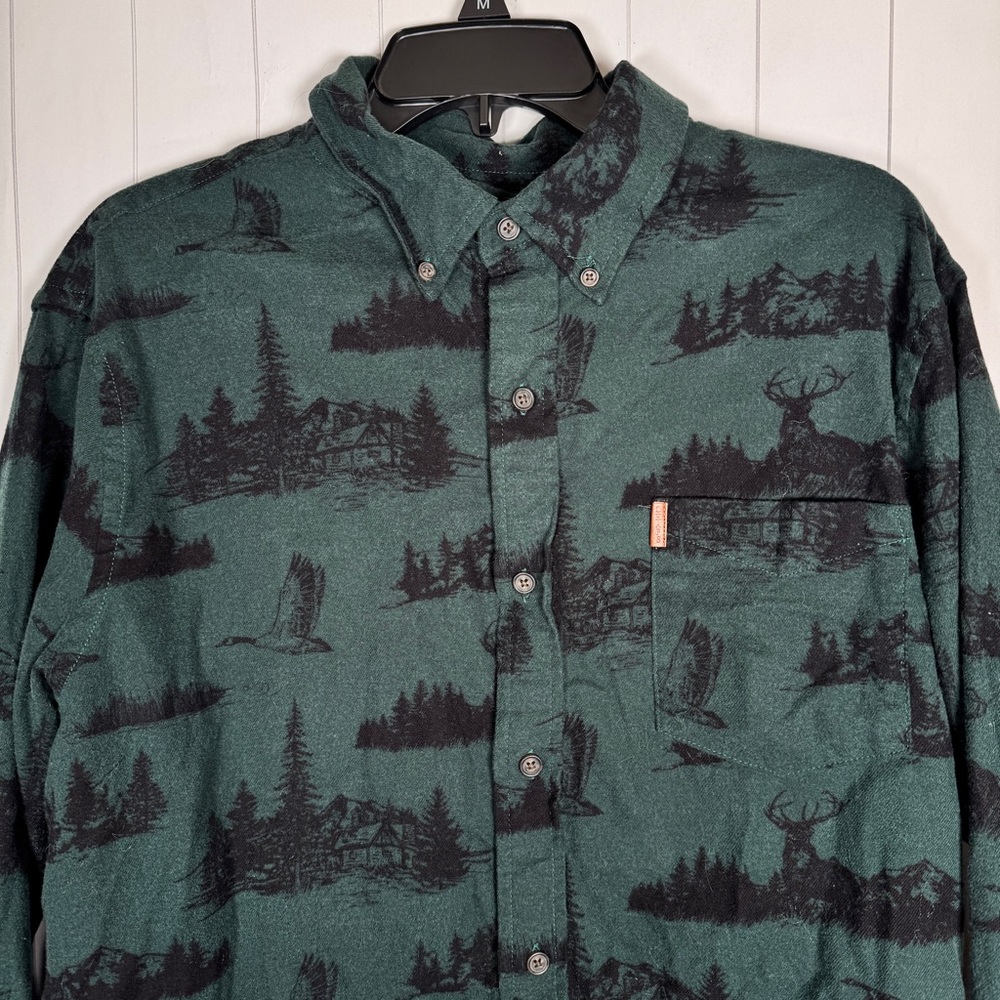 Chaps XL 100% Cotton Green Flannel Button Shirt Outdoors Sportsman Hunting Print
